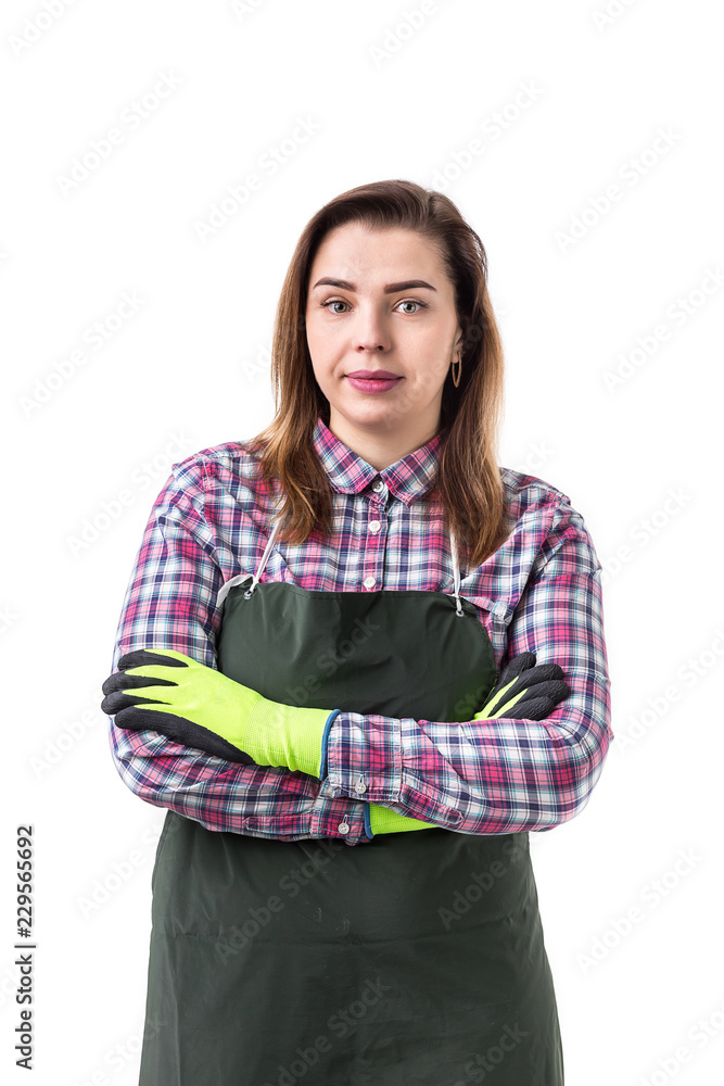 portrait of smiling woman professional gardener or florist in apron isolated on white background portrait of smiling woman professional gardener or florist in apron isolated on white background