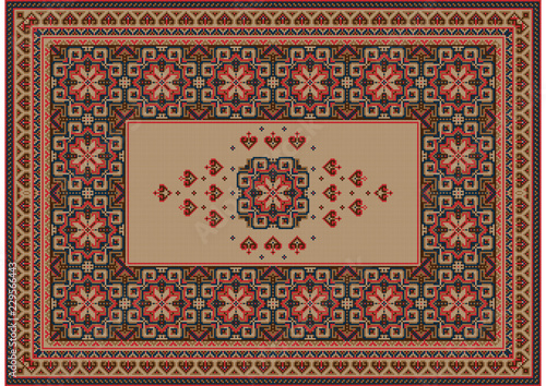  Image of a luxurious old oriental carpet with brown, beige and red patterns and ornament in the center on a beige background