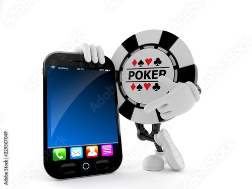 Gambling chip character with smartphone