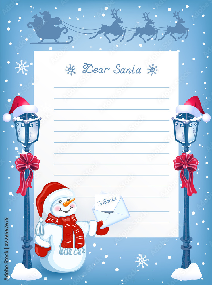 Layout letter to Santa Claus with cartoon funny Snowman with Christmas  letter for Santa Claus, vintage streetlamp and sleigh with reindeer team  and Santa Claus in flying Stock Vector | Adobe Stock