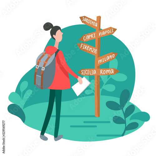 Infographics with girl at signpost in minimalist style. Vector flat illustration of woman traveling in Italy.