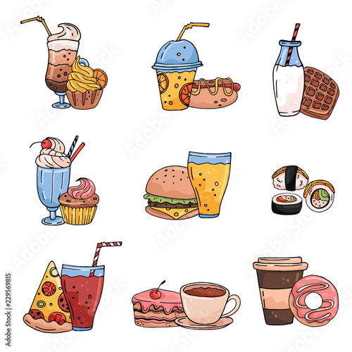 Seamless vector pattern with hand drawn drinks, sweets and food