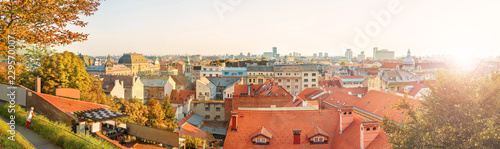 panoramic view of old european city center in autumn at sunset