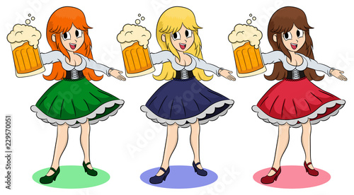 Funny girls with a different color hair and skirt keep the beer. Invites You Enter. Illustration of German girl serving beer. Blonde, brunette, redhead. Pretty Bavarian girl with beer. Oktoberfest.