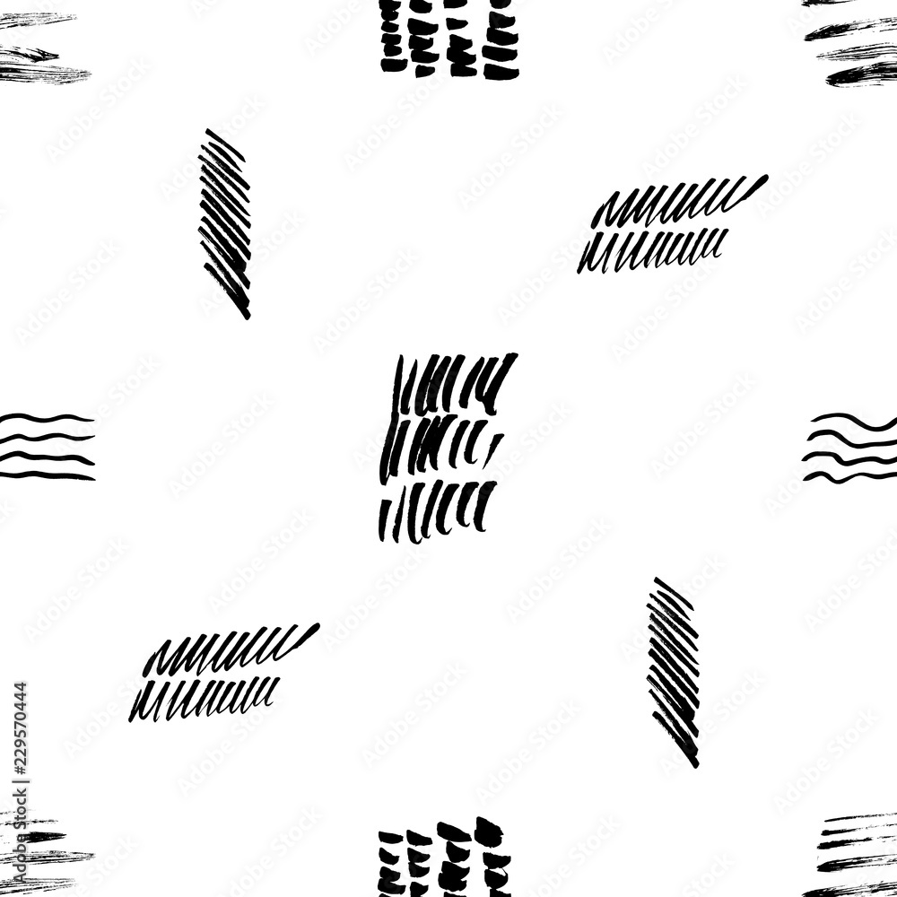 Seamless pattern hand drawn with a brush strokes. Abstract black and white paint brushstrokes vector illustration. Grunge monochrome background. Good for web, print, textile and wrapping paper.