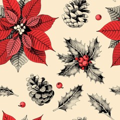 Keuken achterwand Kerstmis motieven patronen Hulstbladeren en kerstster patroon  © olga_igorevna