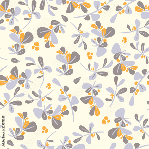 Seamless winter floral pattern. Flat Christmas background with holly berry plant. Blue leaves and orange berries in tile modern wallpaper. Naive wrapping paper texture