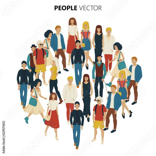 People crowd vevtor. Cartoon style illustration of young men and woman. Street style casual fashion isolated on white background.