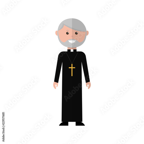 Priest is a cartoon character. A priest with a beard in a cassock and a cross stands tall on a white background. Flat vector illustration style.  