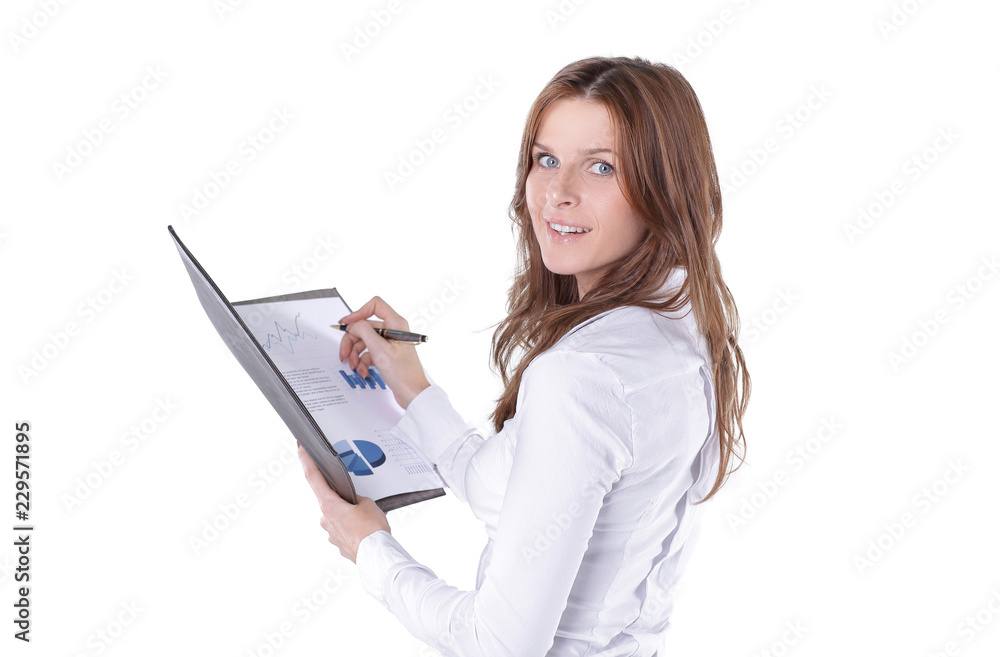 close up.business woman checks financial charts. isolated on white close up.business woman checks financial charts. isolated on white