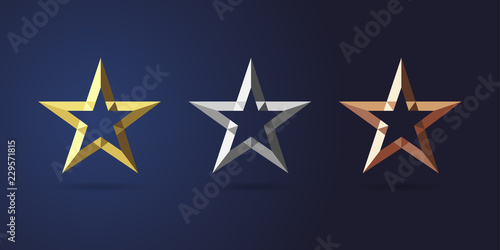 Stars shape logotype set. Isolated elegant abstract nominee emblem. #1, #2, #3 place symbols. Luxurious congratulating framed template. Celebrating decorative ceremony greetings, metallic label design