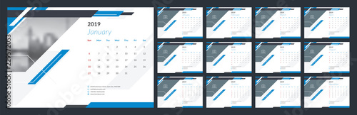 Calendar design for 2019. Week starts on Sun. Set of 12 calendar pages vector design print template with place for photo and company logo. Desk calendar template with white background.
