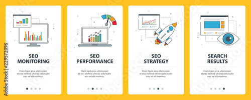 Search Engine Optimization internet banner. Vector set of banners with SEO monitoring, SEO performance, SEO strategy and search results website templates. Modern thin line flat style design. 