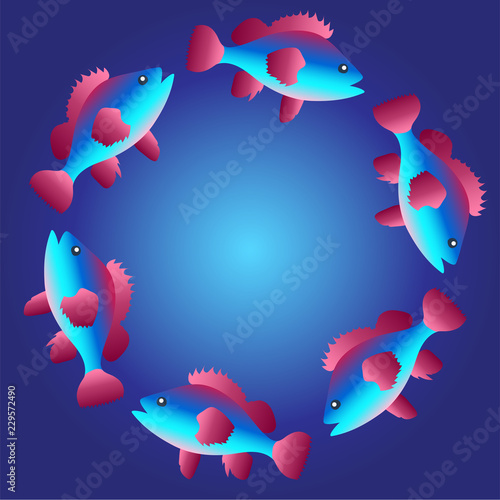 Stylized image of fish swimming in the sea. Circular composition