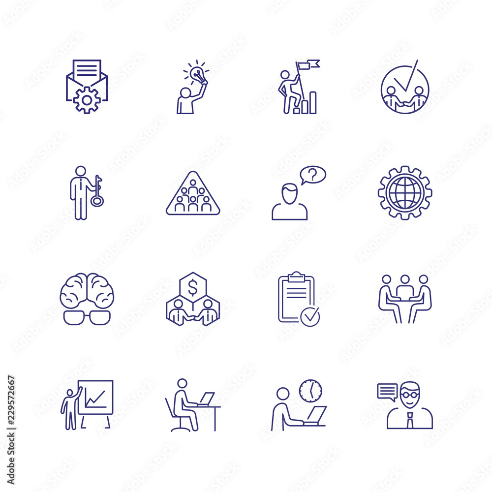 Naklejka premium Management line icon set. Interview, presentation, workplace. Business concept. Can be used for topics like office routine, meeting, career