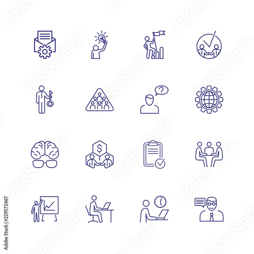 Management line icon set. Interview, presentation, workplace. Business concept. Can be used for topics like office routine, meeting, career