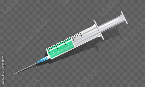 Translucent syringe with needle and liquid isolated on transparent background. Turquoise serum vaccine in disposable syringe. Realistic vector syringes with colored drug