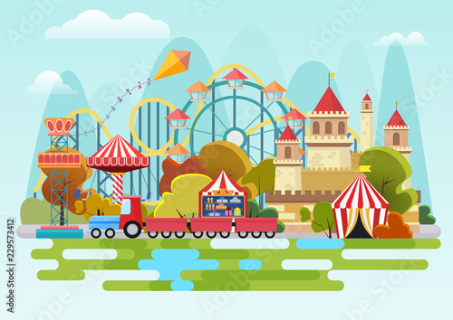 Amusement park vector concept on the mountains background.