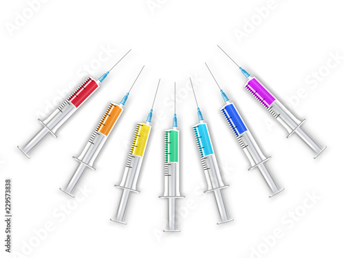 Translucent syringes with needle and with liquid serum isolated on transparent background. Syringe vector set. Seven syringes with bright vaccine. 
Rainbow serum vaccine in disposable syringe