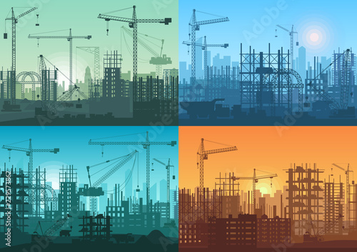 Morning sunrise, sunset and day building constructions background set. Vector Industrial building process under construction.