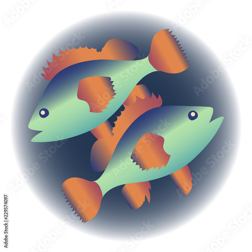 Stylized image of fish swimming in the sea. Circular composition