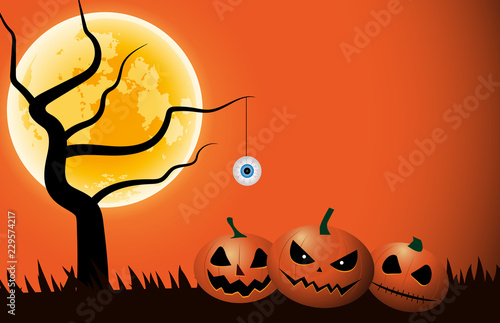 Pumpkins, eyeball and tree cartoon in halloween night