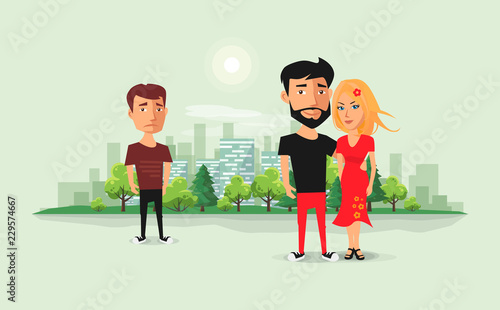 Sad jealous ex boyfriend looking at romantic couple. Past relationship concept. Ex-lover in love triangle. Beautiful couple with ex and urban city skyline background. Flat vector cartoon illustration.