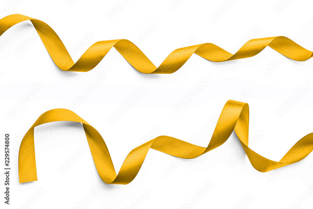 Ribbon in bright yellow gold color satin band isolated on white background with clipping path Ribbon in bright yellow gold color satin band isolated on white background with clipping path