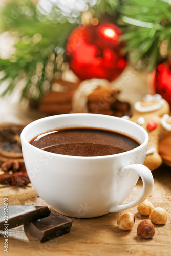 Christmas hot chocolate with gingerbread and cinnamon