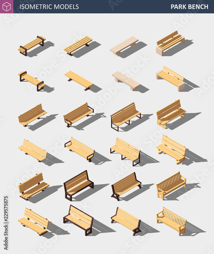 Isometric Outdoor Park Bench Set. Vector Illustration