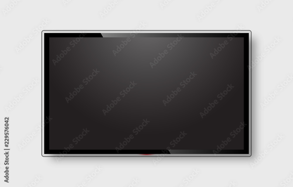 Realistic TV screen. Modern stylish lcd panel, led type. Large computer monitor display mockup. Blank television template. Graphic design element for catalog, web site, as mock up. Vector illustration Realistic TV screen. Modern stylish lcd panel, led type. Large computer monitor display mockup. Blank television template. Graphic design element for catalog, web site, as mock up. Vector illustration