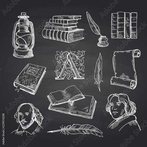 Vector hand drawn theatre elements set on black chalkboard background illustration