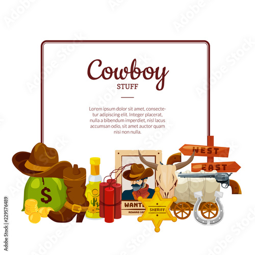 Vector cartoon wild west elements below frame with place for text illustration isolated on white