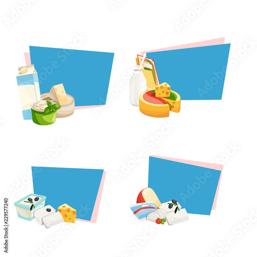 Vector cartoon dairy and cheese products stickers with place for text set illustration