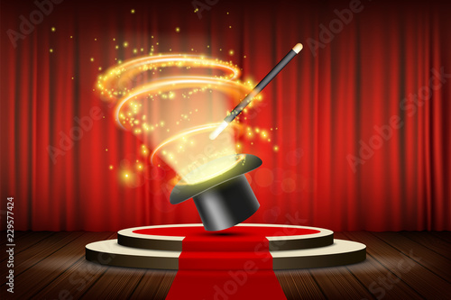Magic wand and hat on stage with curtain. Focus and entertainment.