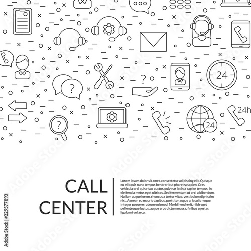 Vector line call support center icons background with place for text illustration