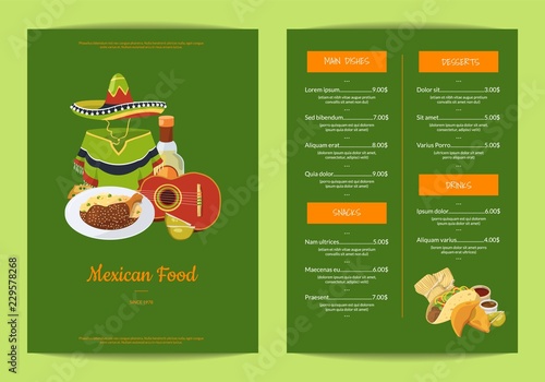 Vector cartoon mexican food cafe or restaurant menu template illustration