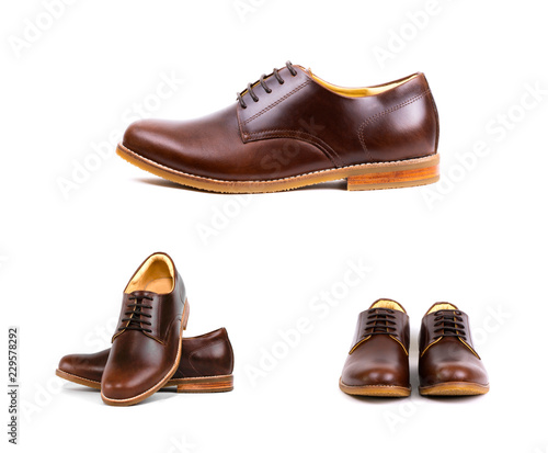 Men’s derby shoes with oil pull up leather isolated on white background, pack shots