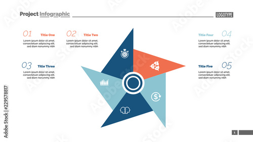 Metaphor diagram with five elements. Pinwheel, cycle chart, slide template. Creative concept for infographics, presentation, report. Can be used for topics like business, marketing, management