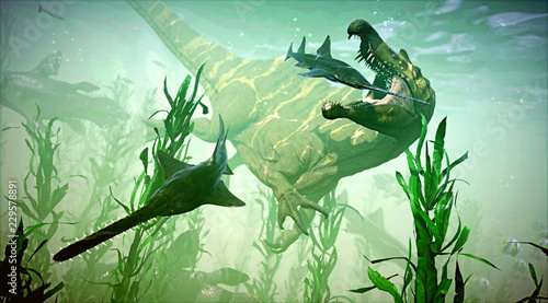 A 3D rendering of Spinosaurus attempting to catch its next meal.