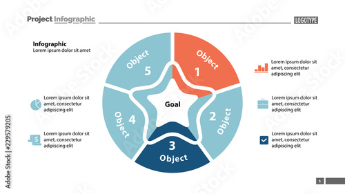 Pie chart with five parts. Business data. Diagram, infographic, design. Creative concept for infographic, template, presentation. Can be used for topics like management, marketing, analysis.