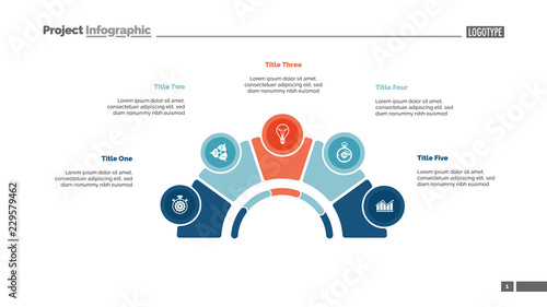 Process chart with five elements. Step diagram, pie chart, layout. Creative concept for infographics, presentation, project, report. Can be used for topics like management, strategy, planning.