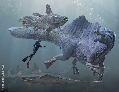 A 3D rendering of Spinosaurus and some fish it preyed on along with a scuba diver. photo