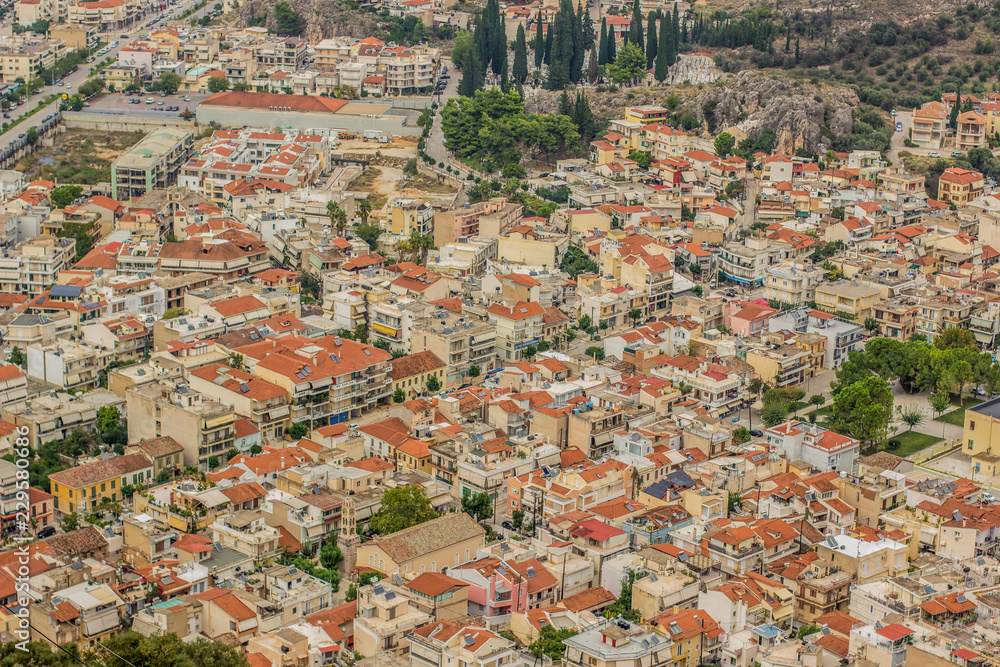 city view buildings and landmarks from above in aerial shot to red and orange roofs oh houses in one of south countries