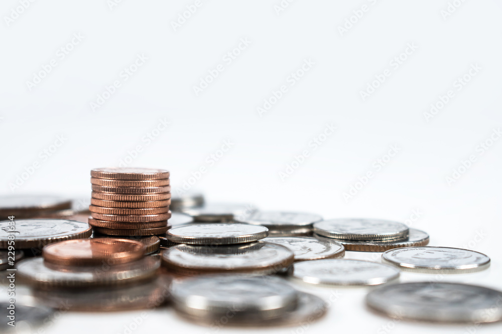 Coins and coin stacks on a white background. Coins and coin stacks on a white background.