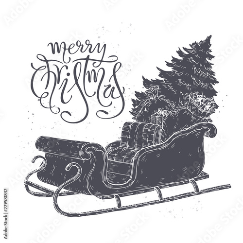 Brush lettering greeting and a sleigh with Christmas tree and gifts.