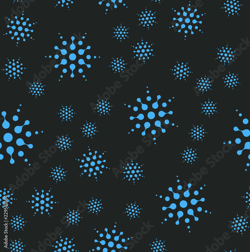 Seamless Christmass vector pattern. Package Backdrop template. Abstract falling snowflakes on black background. Vector illustration. Winter night, cartoon style texture. Holiday decorations.