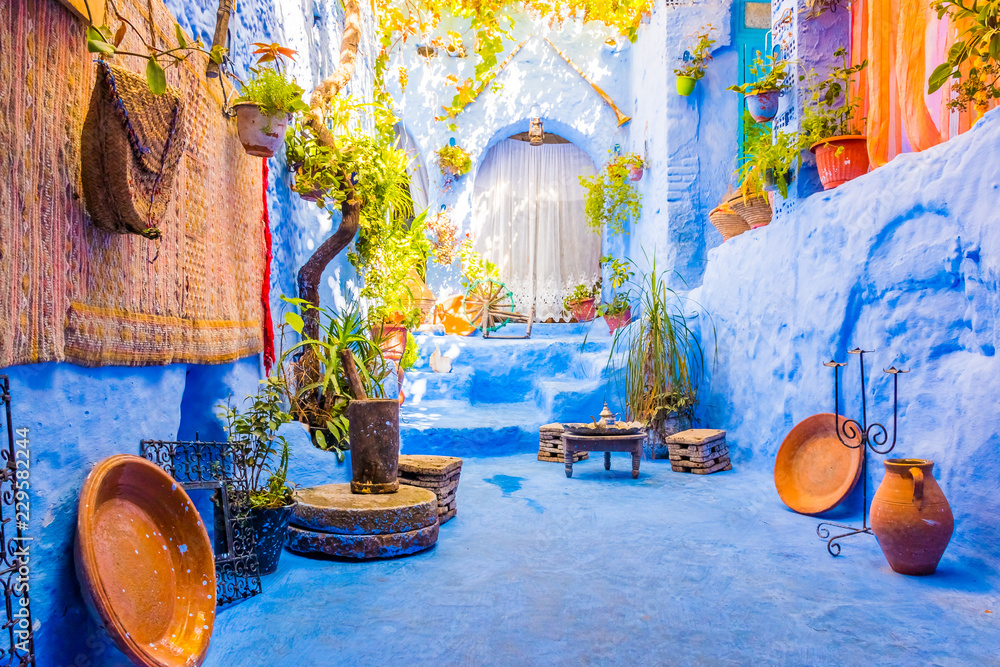 Traditional moroccan architectural details in Chefchaouen Morocco, Africa. Chefchaouen blue city in Morocco. - obrazy, fototapety, plakaty 