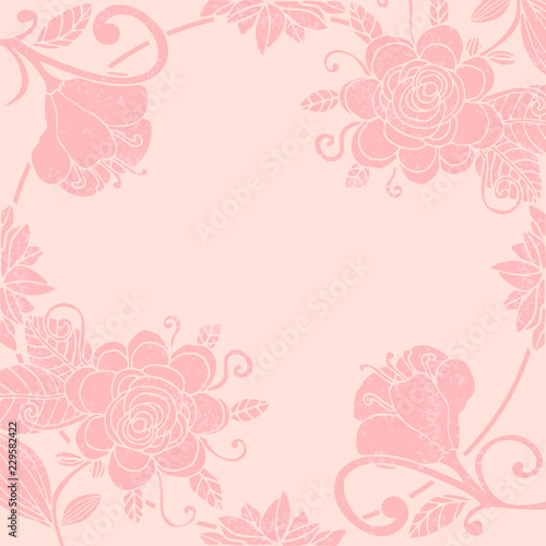 Cute pastel floral invitation card with round thin line frame. Paradise fantasy flowers with curls, leaves isolated on pink. Tropical doodle floral border, frame. Vector illustration.