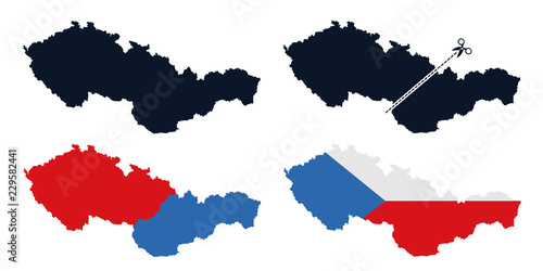 Czechoslovakia - former state is separated into Czech Republic / Czechia and Slovakia after breaup. Dissolution and secession of European country in Central Europe. Vector illustration